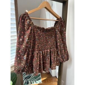Floral Smocked Peplum Top Brown Long Sleeve Square Neck MINE Anthropologie Boho